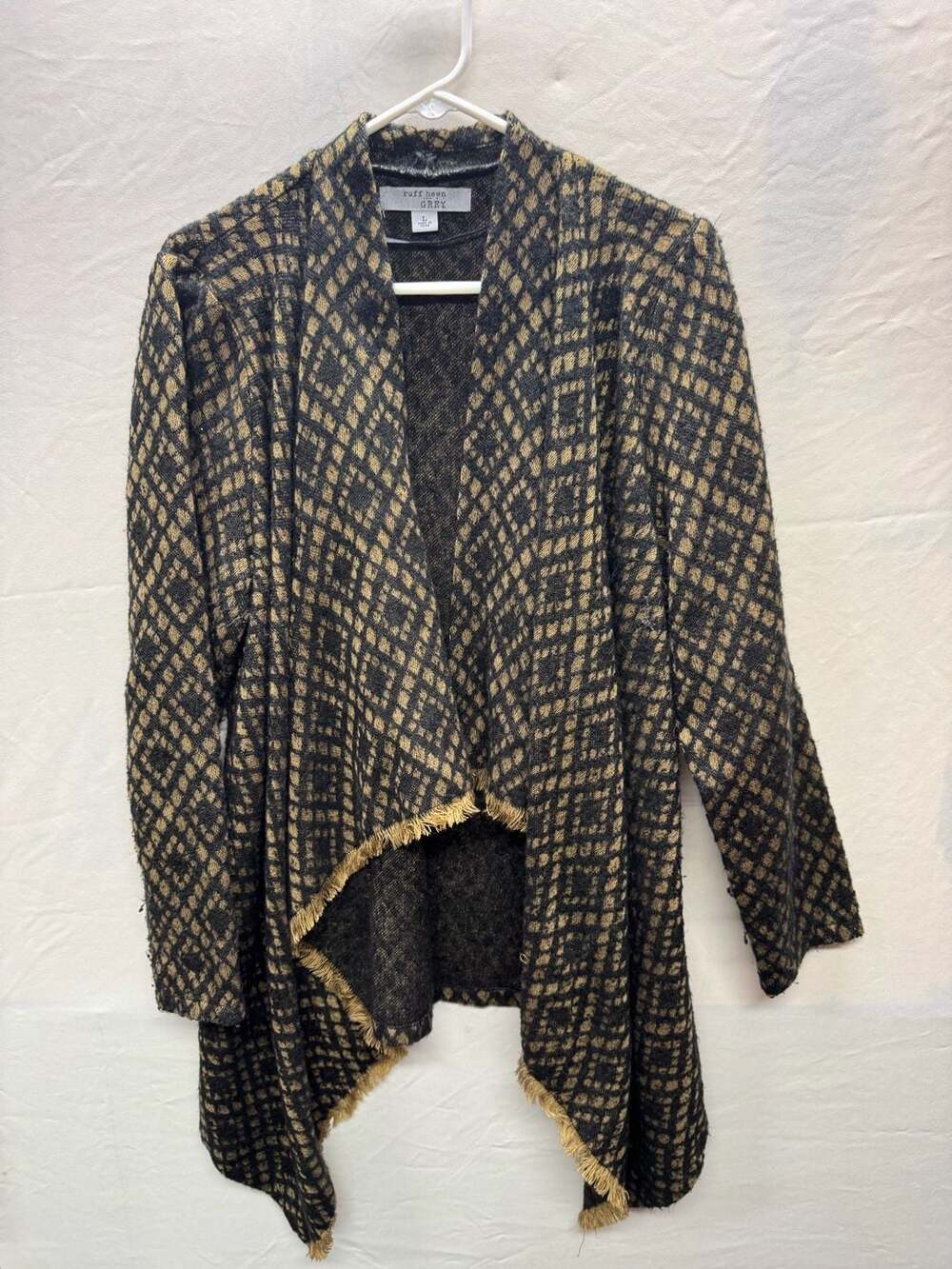 Ruff Hewn Grey Black Gold Diamond Pattern Open Front Shawl Cardigan Sweater Size